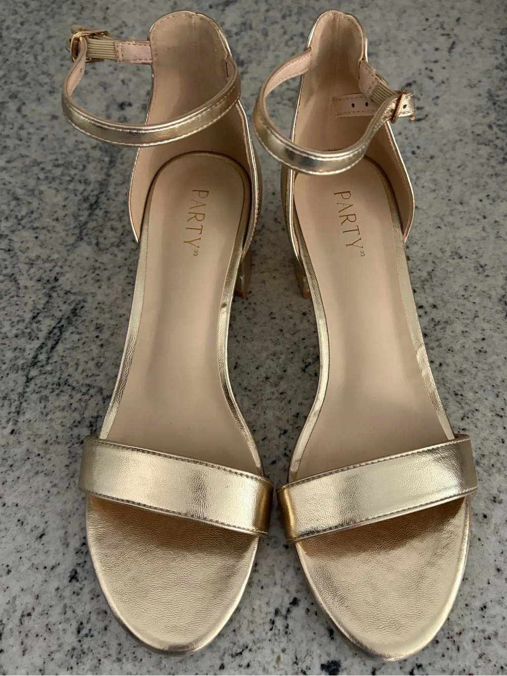 Metallic Gold Ankle-Strap Block Heel Sandals